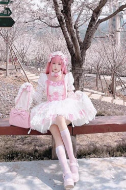 White/Pink Puff Short Sleeves Princess Gothic Lolita Tiered Dress -LolitaInside 3dac434aef198c037a51ca3185ec75c2