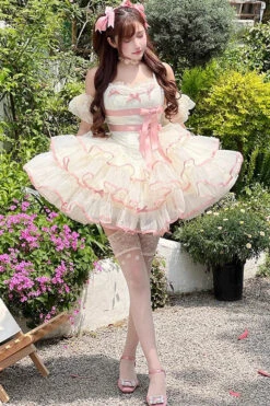 Pink/Beige Ballerina Style Bowknot Slim Fluffy Princess Sweet Lolita Tiered Dress -LolitaInside 3e5142153435db2479c0b2caea1a126c