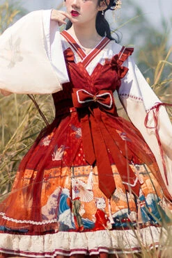 Wine Ukiyolu Cat Print Long Sleeves Chinese Style Fake Two Pieces Bowknot Ruffled Sweet Lolita OP Dress