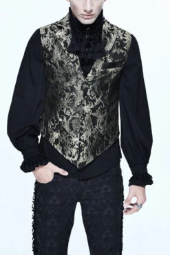Black/Silver Jacquard Printed Button Men's Gothic Vest