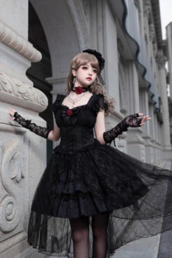 Black Elegant Bride Gorgeous Tea Party Gothic Lolita Tiered Dress -LolitaInside 3ee06ad8c454a00b608af48e340e9688