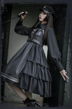 Dark V Neck Bowknot Rivets Epaulettes Sleeveless Military Uniform PU Gothic Lolita Jsk Dress -LolitaInside 3ee8053b257731ed0e08c6017c455bcb