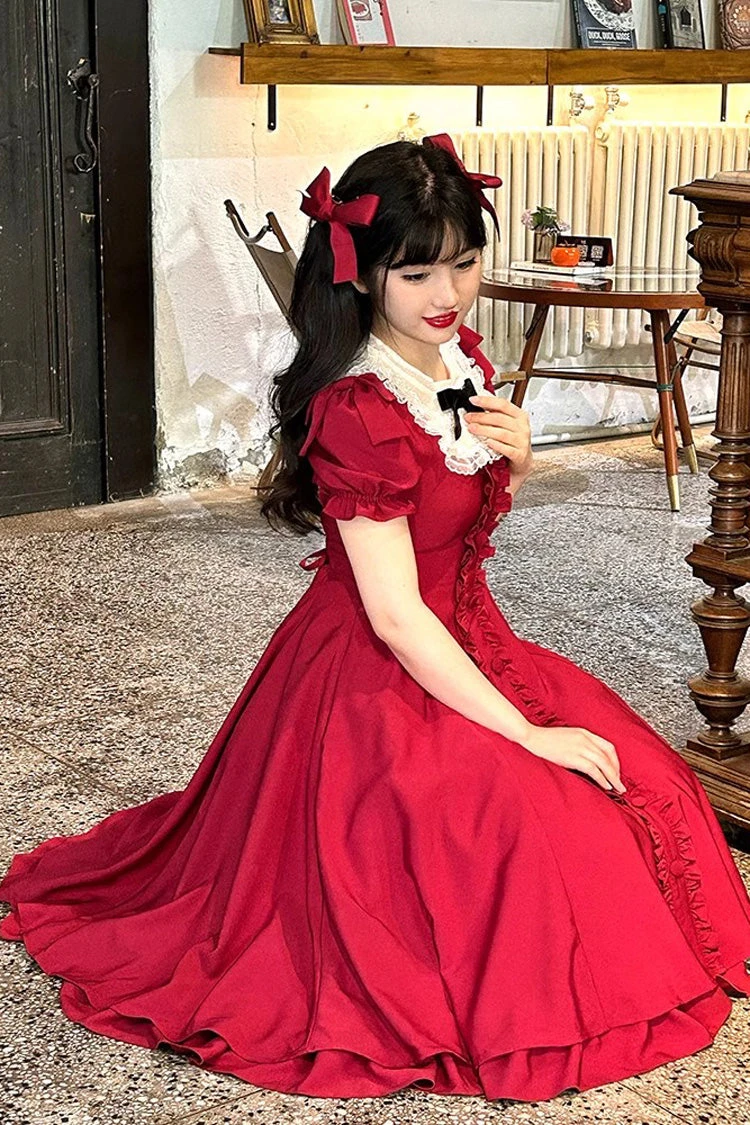 Wine Red Annie's Gift Short Sleeves Bowknot Sweet Lolita Dress (Plus Size Support) 8 Wine Red Annie's Gift Short Sleeves Bowknot Sweet Lolita Dress (Plus Size Support) - Image 6