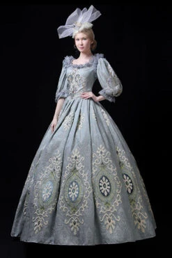 Blue Boat Neck Half Sleeves High Waisted Hollow Embroidery Floral Print Victorian Lolita Prom Dress -LolitaInside 3f6dca1d7a76bd0dc8e67d230a4210cf