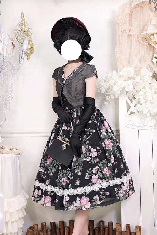 Black Elegant Vintage French Rose Floral Print V Collar Sleeveless Ruffled Classic Lolita JSK Dress 7 Black Elegant Vintage French Rose Floral Print V Collar Sleeveless Ruffled Classic Lolita JSK Dress - Image 5