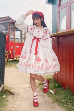Red/White Chiffon Round Collar Ruffled Long Sleeve High Waist Princess Print Sweet Lolita Dress -LolitaInside 40290a82b20df1d147d36c37ddcb3b7d