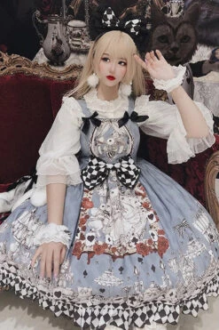 Multi-Color Blue Alice Bunny And Princess Party Print Sleeveless Bowknot Classic Gothic Lolita JSK Dress -LolitaInside 402abd649dcedc42d91c051a36c0a979