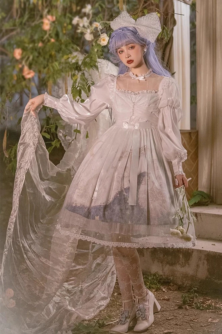 Multi-Color Long Lantern Sleeves Print Ruffle Sweet Princess Lolita Jsk Dress 5 Multi-Color Long Lantern Sleeves Print Ruffle Sweet Princess Lolita Jsk Dress - Image 3