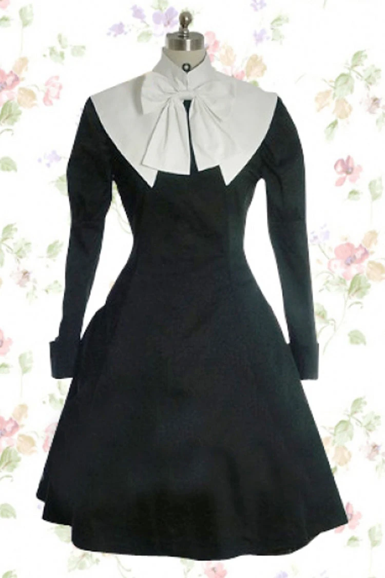 Black/White Cotton Stand Collar Long Sleeves Knee-length Bowknot Gothic Lolita Dress 3 Black/White Cotton Stand Collar Long Sleeves Knee-length Bowknot Gothic Lolita Dress
