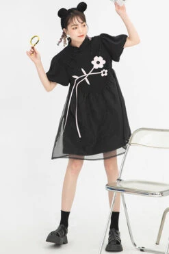 Black Stand Collar Lantern Short Sleeves Floral Print Organza Panel Sweet Lolita Dress -LolitaInside 412d2e4c22bfaac2437eb755d552b9db