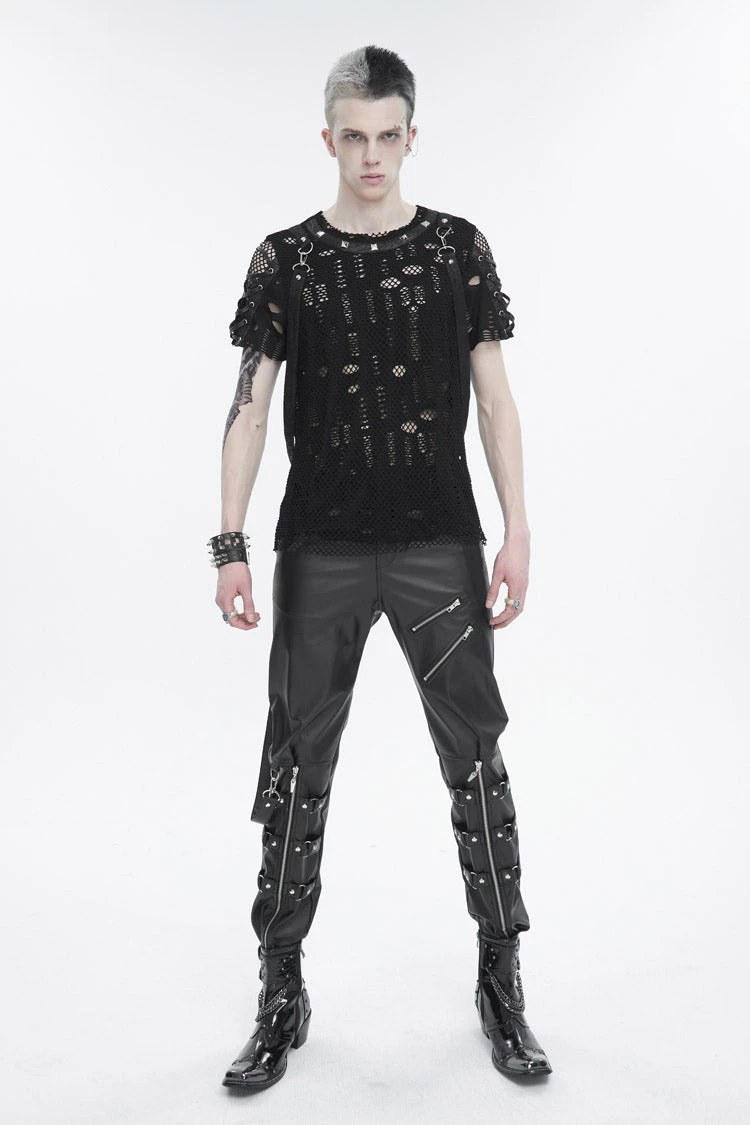 Black Half Hollow Shoulder Tie Design Men's Punk T-Shirt 6 Black Half Hollow Shoulder Tie Design Men's Punk T-Shirt - Image 4