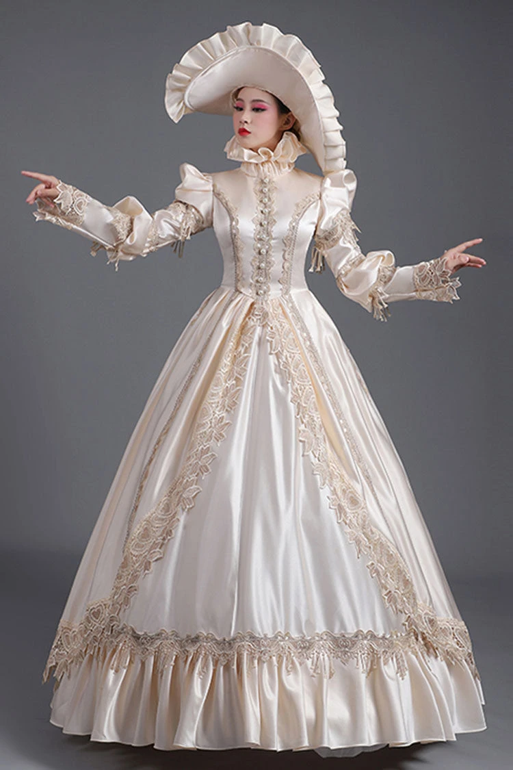 Champagne Court Style High Waisted Long Sleeves Single Breasted Ruffled Victorian Lolita Prom Dress 4 Champagne Court Style High Waisted Long Sleeves Single Breasted Ruffled Victorian Lolita Prom Dress - Image 2