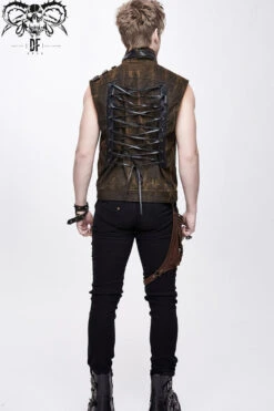 Brown Asymmetrical Bullet Belt 3D Pocket Leather Loop Rivet Back Lace Up Men's Punk Waistcoat -LolitaInside 42d37d62b5557b042c2de2eaec3c4cfd