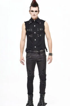 Black Worn Out Twill Mesh Decoration Rough Selvedge Hem Heavy Metal Men's Punk Waistcoat 18 Black Worn Out Twill Mesh Decoration Rough Selvedge Hem Heavy Metal Men's Punk Waistcoat -LolitaInside 4391c0e546793c709c50cf1abb114b0f