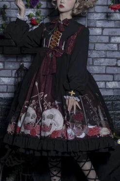 Black/Red Lapel Collar Long Sleeves High Waisted Printed Gothic Lolita OP Dress
