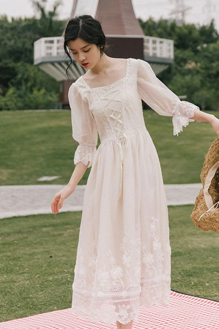 White Lantern Half Sleeves Lace Floral Embroidery Print Sweet Lolita Op Dress 4 White Lantern Half Sleeves Lace Floral Embroidery Print Sweet Lolita Op Dress - Image 2