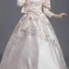 Champagne Half Sleeves Asymmetric Big Bowknot High Waisted Hollow Embroidery Print Victorian Lolita Prom Dress -LolitaInside 441dfff116e183b20bc06a76446951d1