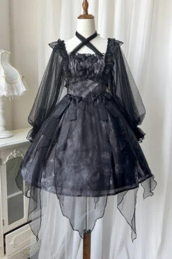 Black Ruffled Strap Mesh Lantern Sleeves High Waisted Irregular Hem Gothic Lolita OP Dress -LolitaInside 44a139ce678d0f43874e7ac9e02fae58