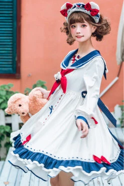 White College Style Navy Collar Chiffon Sea White Bear Print Bowknot Ruffled Sweet Lolita OP Dress -LolitaInside 44a58dcee55971dab6a531989b67edec