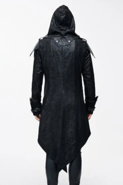 False Two Pieces Black Hooded Leather Long Mens Gothic Coats -LolitaInside 457ba1bd4bb7a82bd437db88204e7f7c