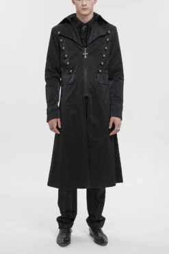 Black Lapel Collar Double Breasted Metal Cross Zip Men's Gothic Long Coat
