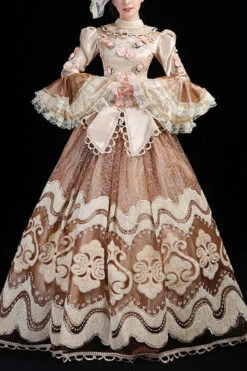 Champagne Multi-Layer Hime Sleeves High Waisted Hollow Embroidery Three-Dimensional Flower Print Victorian Lolita Prom Dress