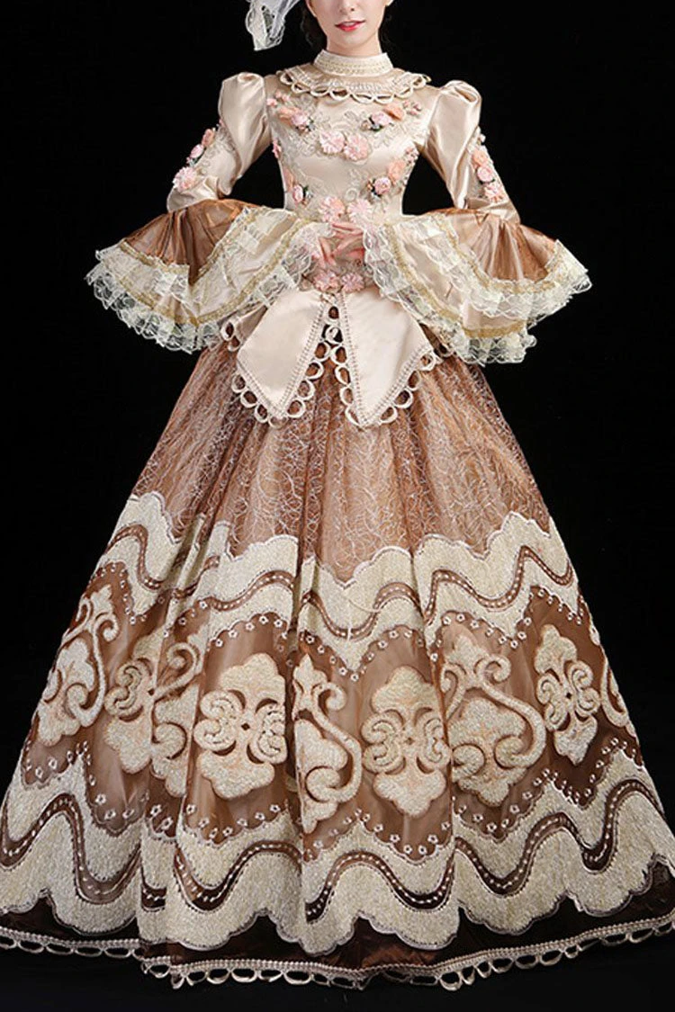 Champagne Multi-Layer Hime Sleeves High Waisted Hollow Embroidery Three-Dimensional Flower Print Victorian Lolita Prom Dress 3 Champagne Multi-Layer Hime Sleeves High Waisted Hollow Embroidery Three-Dimensional Flower Print Victorian Lolita Prom Dress