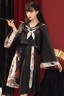 Black Bad Girl Chinese Elements Printed Asymmetric Pleated Skirt Full Set Of Classic Lolita Dress -LolitaInside 47676d801230693850b92779bc03991a