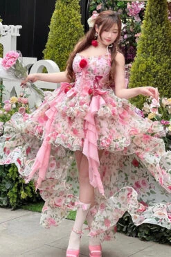 Pink Multi-Color Rose Print Sleeveless Sweet Lolita Strapless Dress -LolitaInside 476e7f7443bc12b3eab704cb3e9270a9