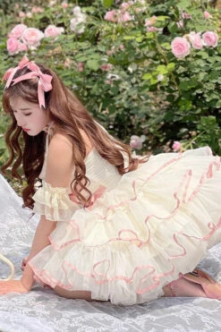 Pink/Beige Ballerina Style Bowknot Slim Fluffy Princess Sweet Lolita Tiered Dress -LolitaInside 47a8e64010d0d6439d237f2d268fbded