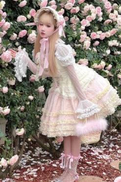 Pink/Yellow Dream Lace Romantic Bowknot Princess Sweet Lolita Skirt Dress -LolitaInside 47d5ea751021b5d042bea5e4490ced9d