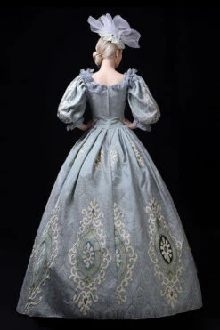 Blue Boat Neck Half Sleeves High Waisted Hollow Embroidery Floral Print Victorian Lolita Prom Dress -LolitaInside 4846ac9d3b2604e06894ca3221324fe3