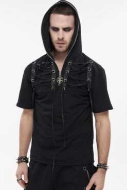 Black Punk Short Sleeve Metal Zipper Lace-Up Knit Loose Casual Hooded Men's T-Shirt -LolitaInside 48911bf270e0c073504f0621a8164db3