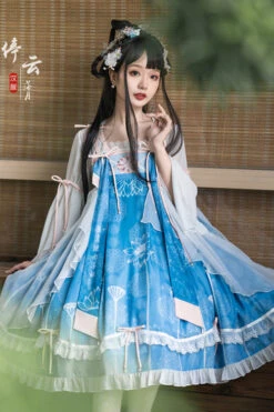 Original Chinese Han Elements Improved Lotus Print Sweet Hanfu Dress Full Set -LolitaInside 495458641ab540f016e6137d804313e6