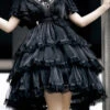 Dark Black Castle Night High Waisted Ruffled Hanayome Gothic Lolita Tiered Dress