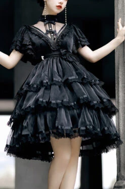 Dark Black Castle Night High Waisted Ruffled Hanayome Gothic Lolita Tiered Dress