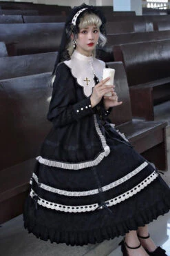 Black Cross Dark Church Elegant Lace Long Sleeves Ruffled Classic Lolita OP Dress -LolitaInside 49d750464f7f149034bcea1f150957d4