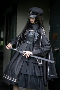 Dark V Neck Bowknot Rivets Epaulettes Sleeveless Military Uniform PU Gothic Lolita Jsk Dress -LolitaInside 4a1ef8c74bf44d24e0064e9add3aa74a