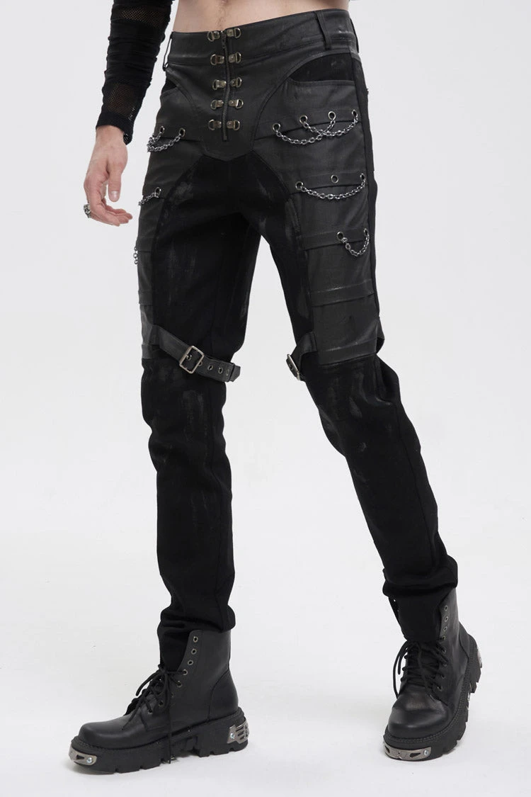 Black Slim Fit Zip Stud Side Chain Eyelet Rock Men's Gothic Trousers 4 Black Slim Fit Zip Stud Side Chain Eyelet Rock Men's Gothic Trousers - Image 2