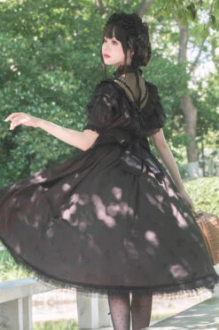 Black Daisy Print Cherry Embroidery Edwardian Collar Short Sleeves Gothic Lolita Dress -LolitaInside 4a745d3116823a3eec79ecf55c3556fc