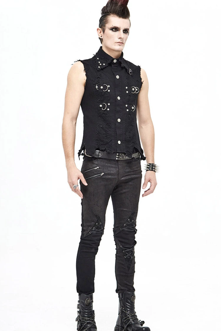 Black Worn Out Twill Mesh Decoration Rough Selvedge Hem Heavy Metal Men's Punk Waistcoat 11 Black Worn Out Twill Mesh Decoration Rough Selvedge Hem Heavy Metal Men's Punk Waistcoat - Image 9