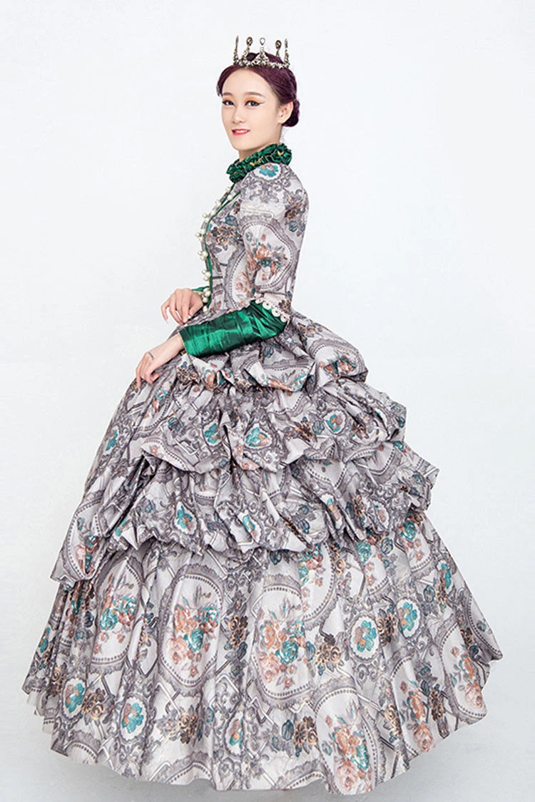 Gray Long Sleeves High Collar Embroidery Floral Print Wave Fold Victorian Lolita Prom Dress 5 Gray Long Sleeves High Collar Embroidery Floral Print Wave Fold Victorian Lolita Prom Dress - Image 3