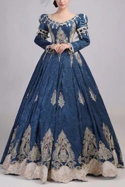 Long Sleeves High Waisted Hollow Embroidery Print Victorian Lolita Prom Dress