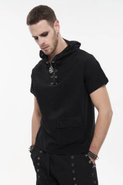 Black Hooded Mesh Splice Zipper Back Openwork Lace-Up Casual Short Sleeve Men's Punk T-Shirt -LolitaInside 4d8ec96ca6b86ac2010336b1b66c5040