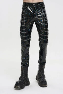 Black Stretch Symphony Metal Chains On Both Sides Versatile Leather Men's Gothic Pants