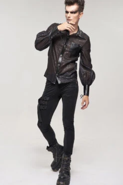 Black Punk Vertical Pattern Printing Cuff Drawstring Decoration See-Through Men's Shirt -LolitaInside 4df15e69af6bad7bf52ef1637c8eda7c