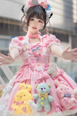 Pink Square Collar Print Doll Party Detachable Sleeves Ruffle Bowknot Sweet Princess Lolita Dress -LolitaInside 4e0bd81120d20db24c6dc121de71c4d5