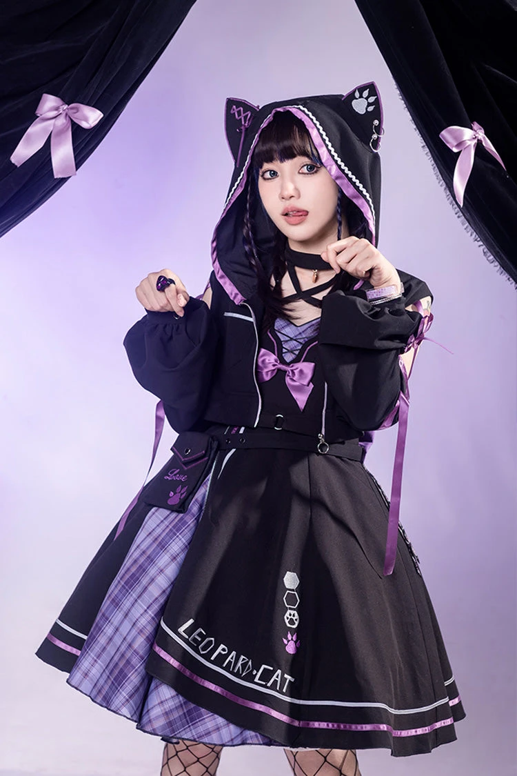 Black/Purple Cat Paw Print Bowknot Gothic Lolita Jsk Dress Set 3 Black/Purple Cat Paw Print Bowknot Gothic Lolita Jsk Dress Set