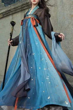 Black/Blue Hot Stamping Embroidered Ancient Flowy Classic Hanfu Dress Full Set