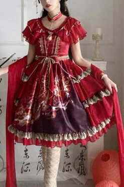 Round Collar Ruffled Short Sleeves Elegant Print High Waist Classic Lolita Dress